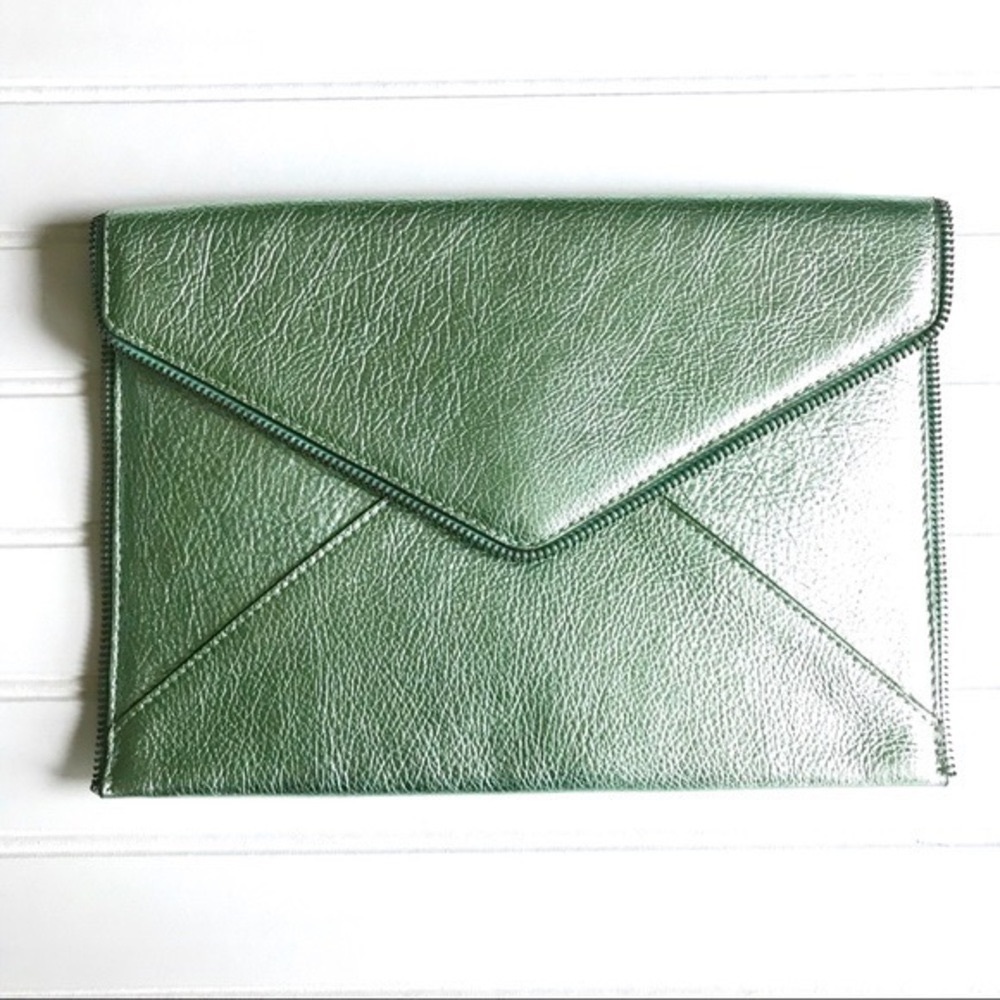 This Rebecca Minkoff Mint Metallic Leo Cracked Leather Mid Size Clutch